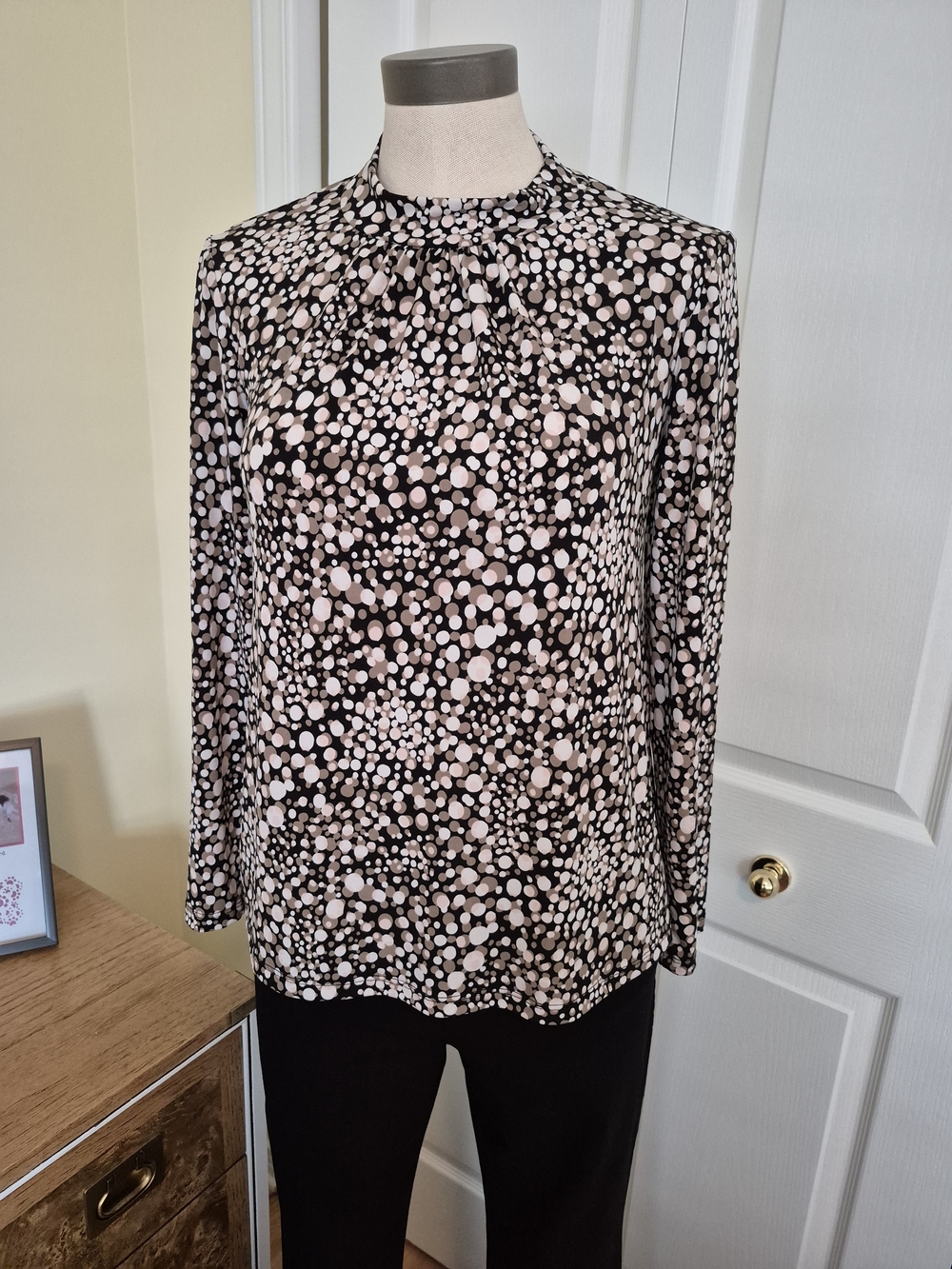 Women’s Black and Blush Dot Print Long-Sleeve Blouse